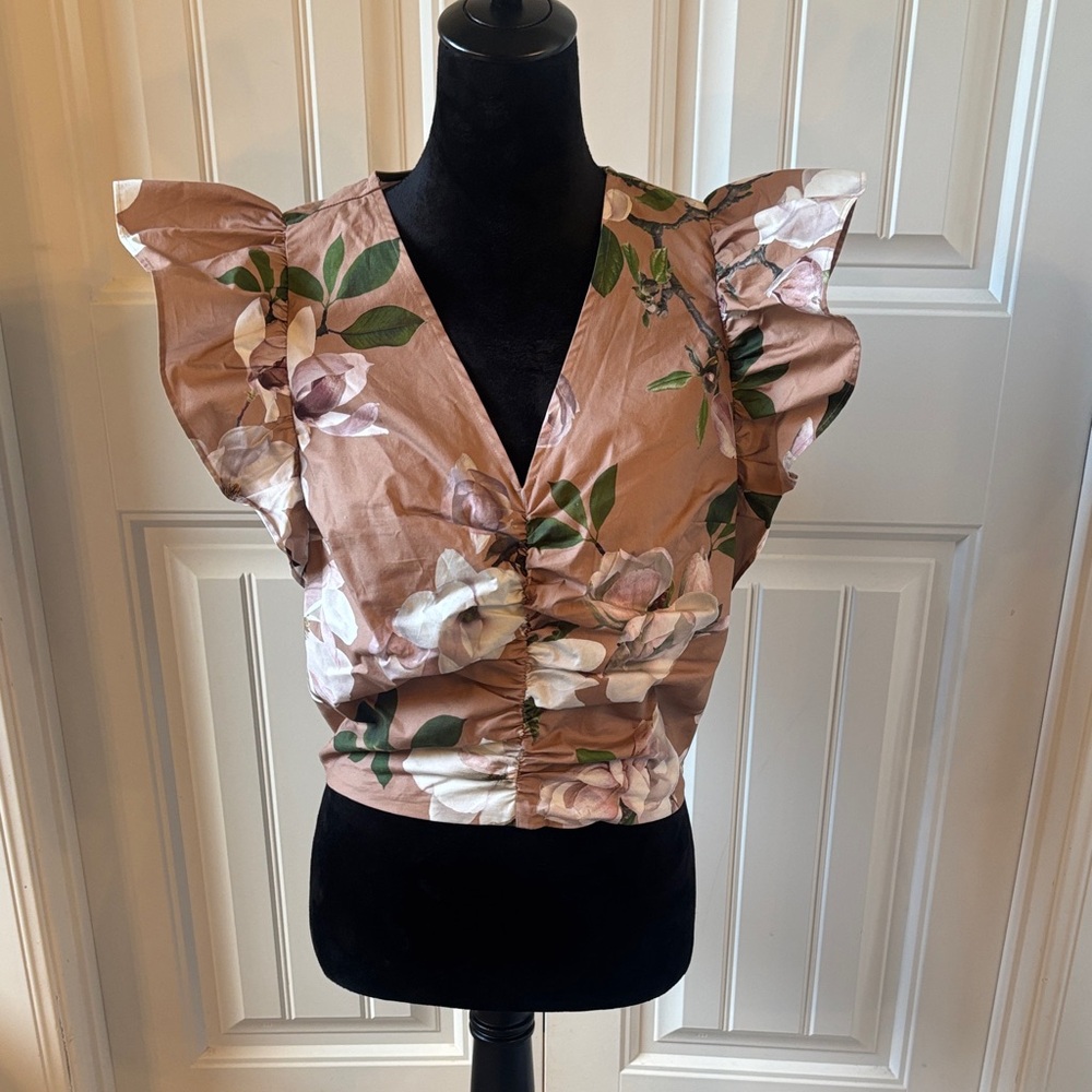 Express Floral Ruffle Sleeve Blouse - Pink and Green